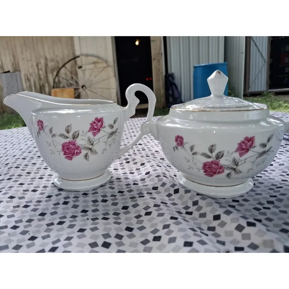 Fine China Cream Creamer and Sugar Set Pink Roses - Gold Trim